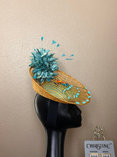 Load image into Gallery viewer, Yellow hat cover small base turquoise
