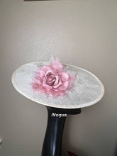 Load image into Gallery viewer, Natural Sinamay hat dusty pink velvet/chiffon rose