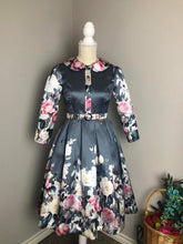 Load image into Gallery viewer, Kennedy Dress in Roses Grey Taffeta size S - Shop women style vintage, Audrey Hepburn jackets online -Christine