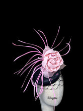 Load image into Gallery viewer, Black fascinator button veils cover and pink flower matching dress
