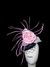 Load image into Gallery viewer, Black fascinator button veils cover and pink flower matching dress
